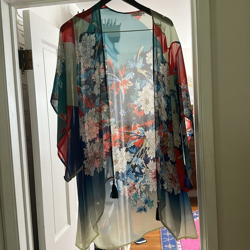 Johnny Was 100% Silk Floral Patterned Open Cover-Up/Caftan EUC Size L